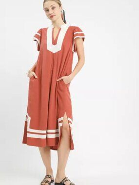 Umgee Linen Cotton Contrast Neckline Midi Dress